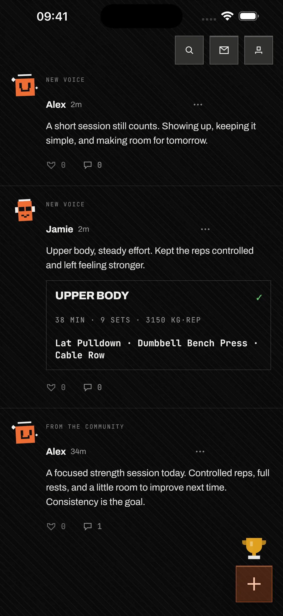 baseline feed with short posts from two sample accounts. One post carries a workout summary: Upper Body, 38 min, 9 sets, 3150 kg·rep.
