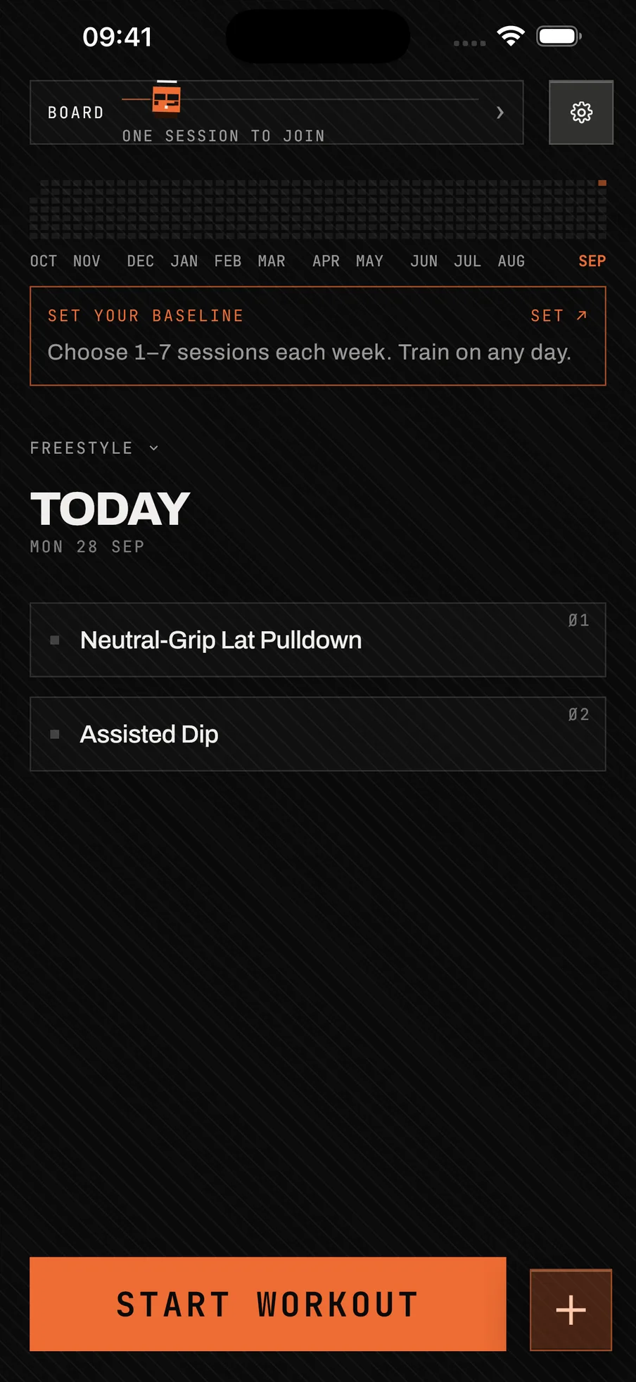baseline home screen: a strip for the board, a year of activity, a prompt to choose 1 to 7 sessions each week, then TODAY with two exercises and a large orange START WORKOUT button.
