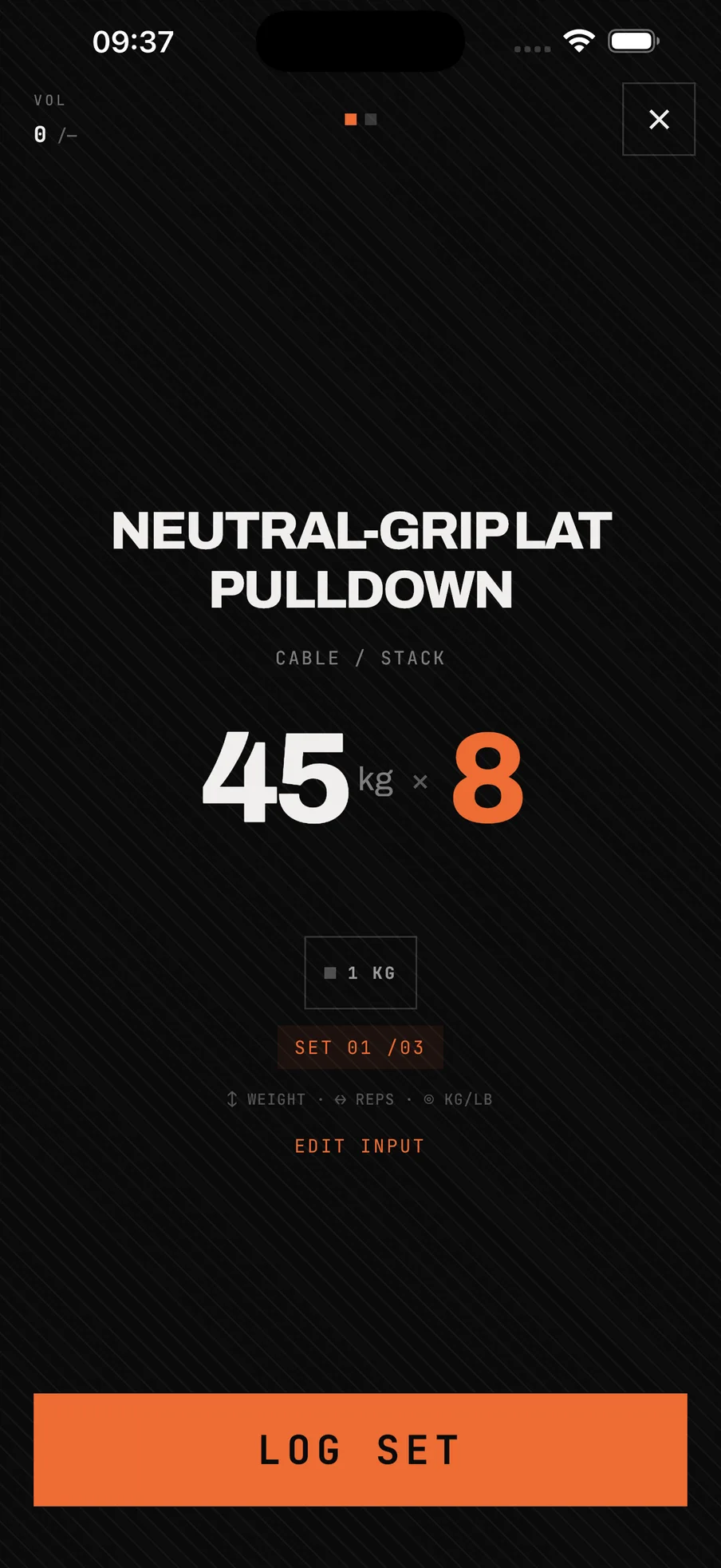 baseline set-logging screen: 45 kg × 8 in very large type, SET 01 /03, a line naming the weight and reps gestures, and a full-width orange LOG SET button.