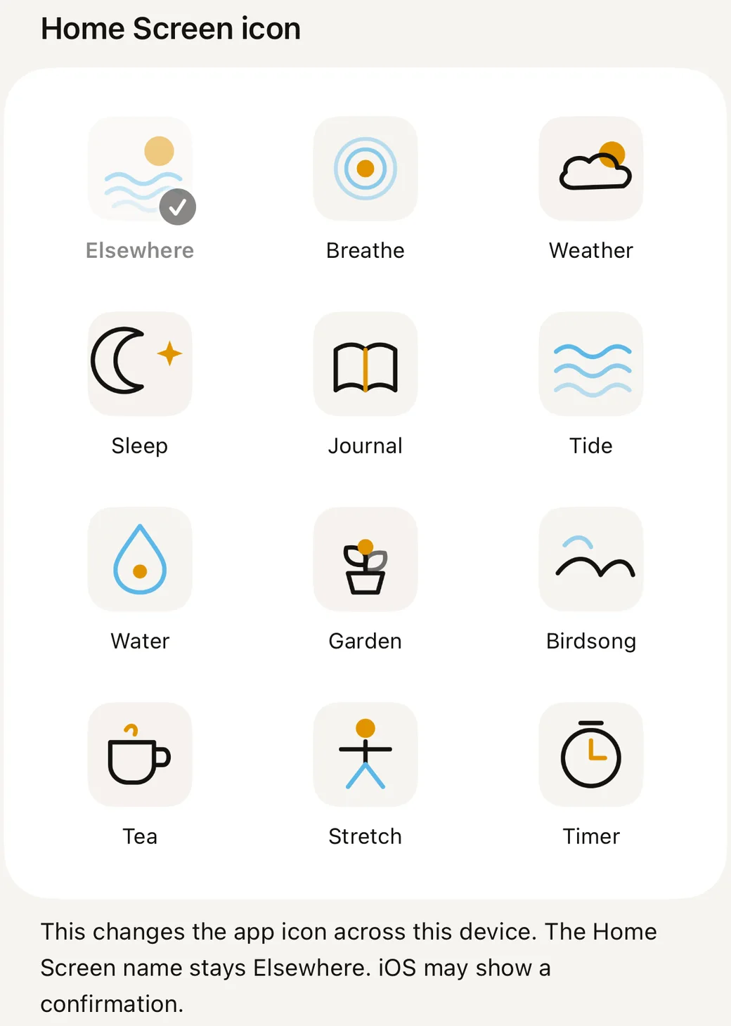 Elsewhere setting titled Home Screen icon: twelve icons to choose from, and a note saying the icon changes across the device while the name stays Elsewhere.