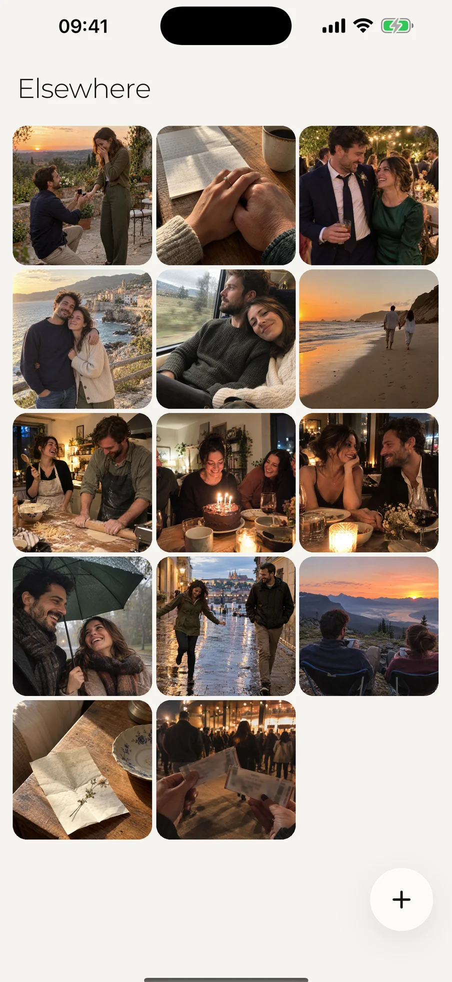 Elsewhere library: a three-column grid of sample photos of a fictional couple and keepsakes.