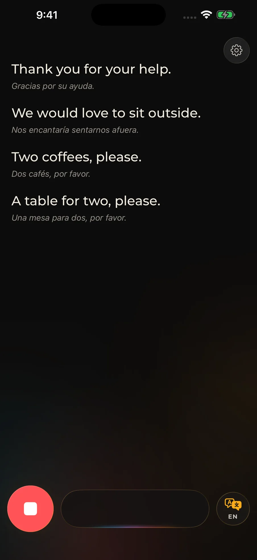 Knowless live screen: translated lines with their originals beneath.