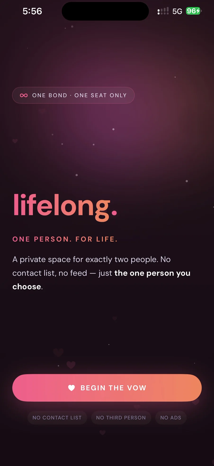 lifelong welcome screen: One person. For life. A private space for exactly two people.